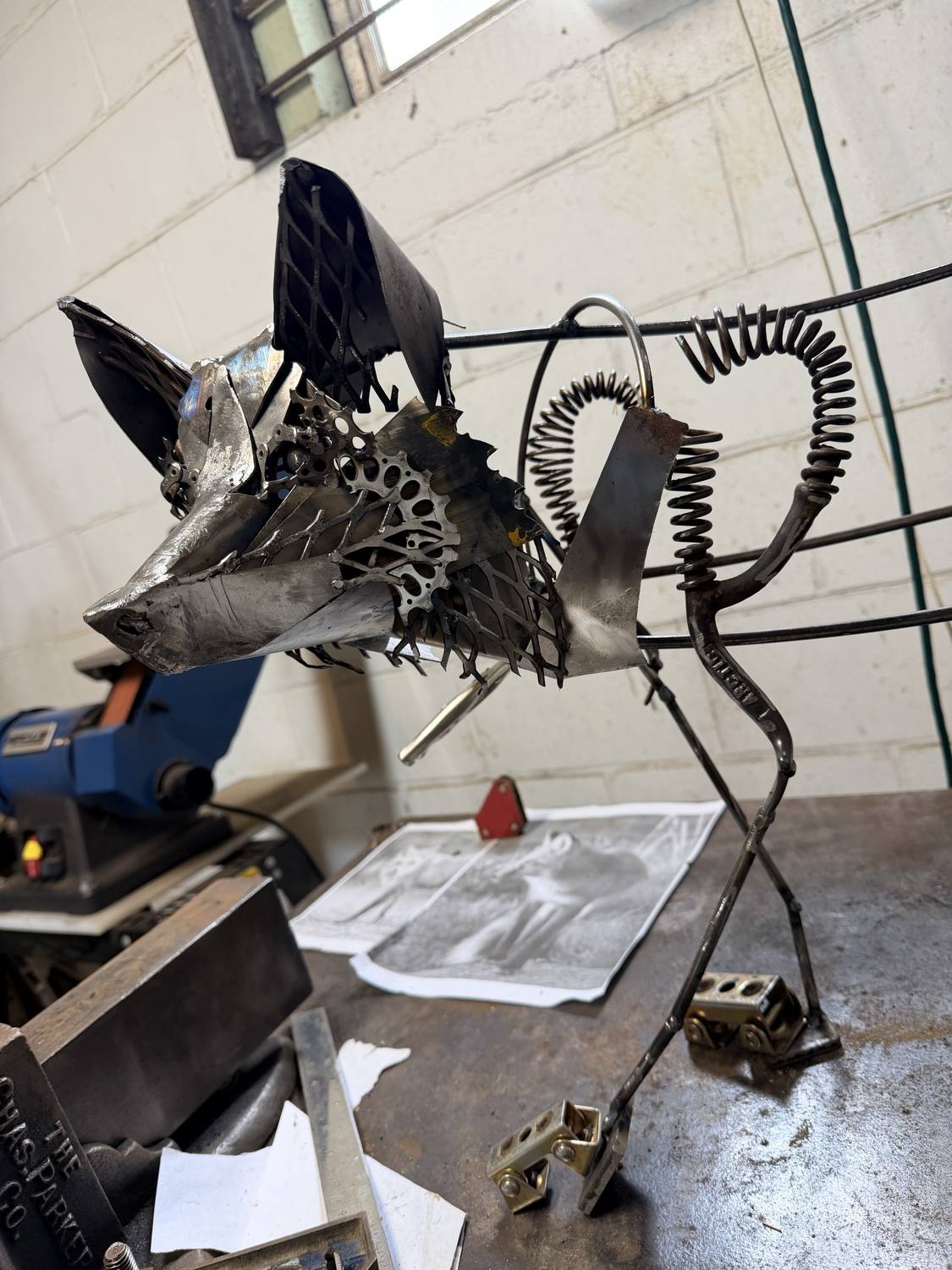 Franklin, a welded fox sculpture in progress, head and shoulders built from bicycle gears and chain