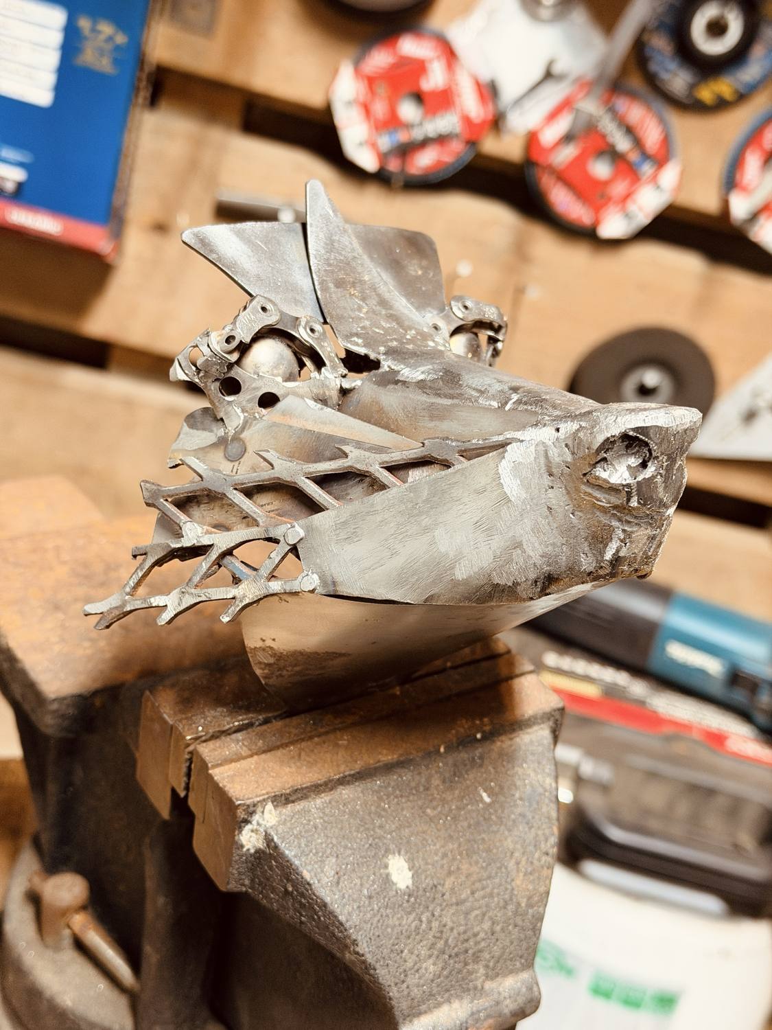 Franklin's head clamped in a vise during construction
